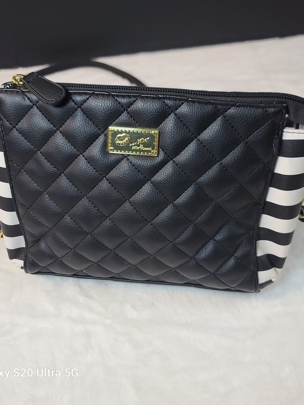 Quilted Black Crossbody with Striped Sides